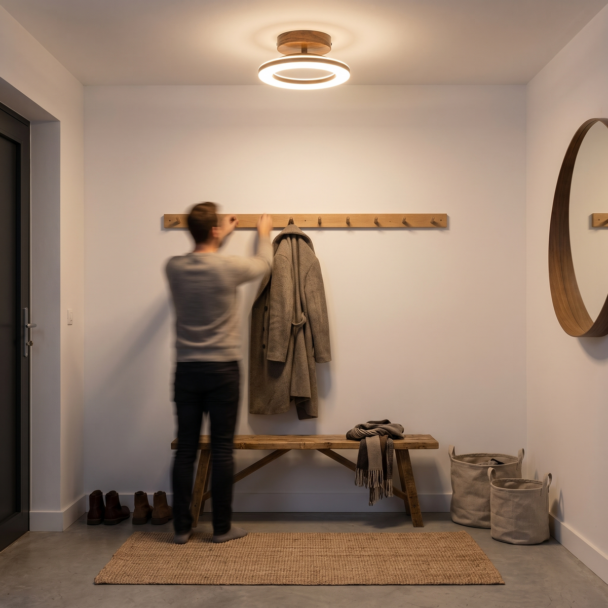 Round LED ceiling light illuminating a modern entrance foyer