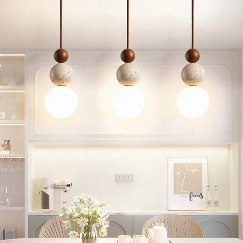 Cleonice Pendant Light | Travertine, Wood & Glass Hanging Lamp