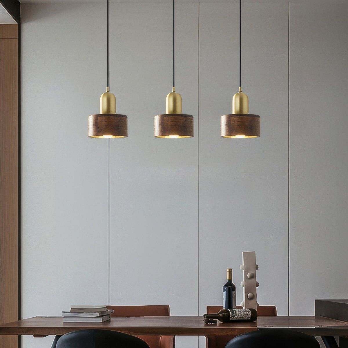 Cylinder Pendant Light | Japanese-Style Walnut & Brass Hanging Lamp