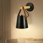 Nordic Wood & Leather Wall Lamp | Hanging Bedside Light