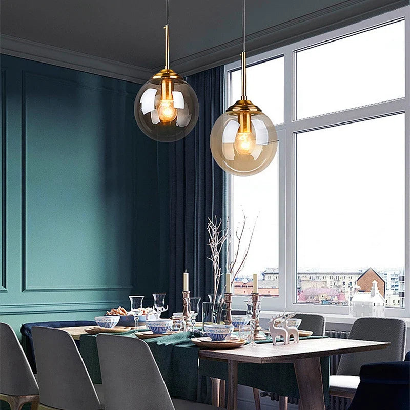 Modern Nordic Glass Globe Pendant Light | Amber, Smoke Grey, Clear Glass