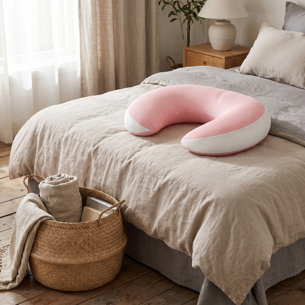 Adjustable pregnancy pillow styled on a made bed in a calm, softly lit bedroom