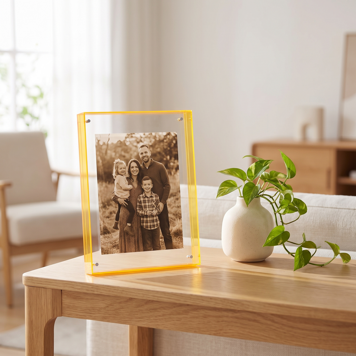 Acrylic photo frame displayed on an oak console table in a sunlit Scandinavian living room