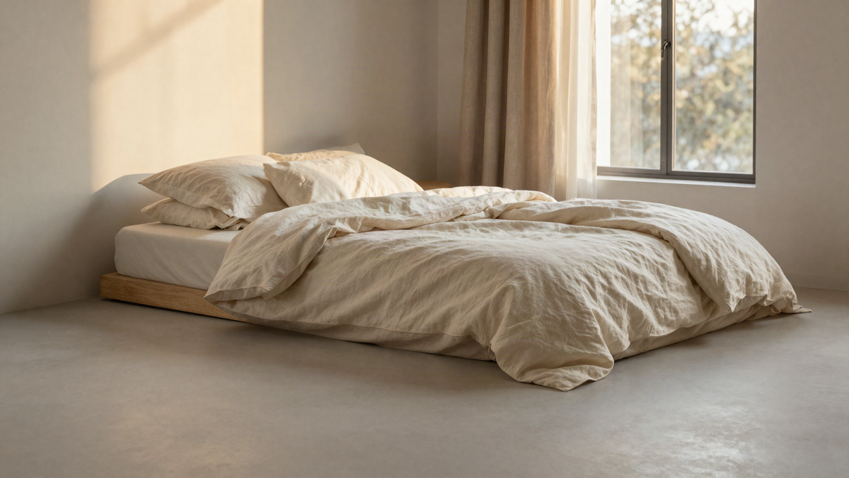 Sunlit bedroom corner with layered cream and oatmeal linen bedding