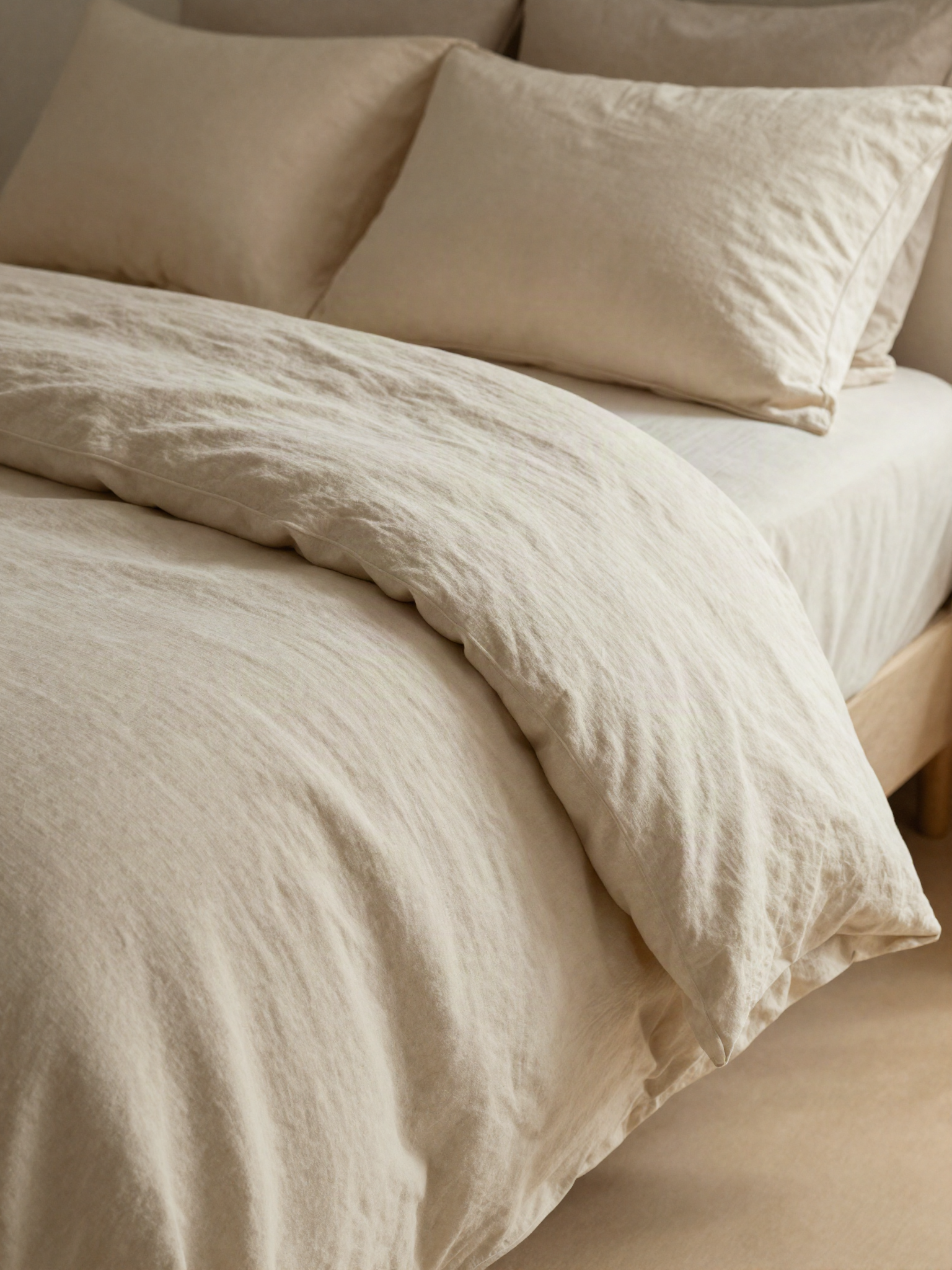 Close detail of a full set of cream and oatmeal washed-linen bedding