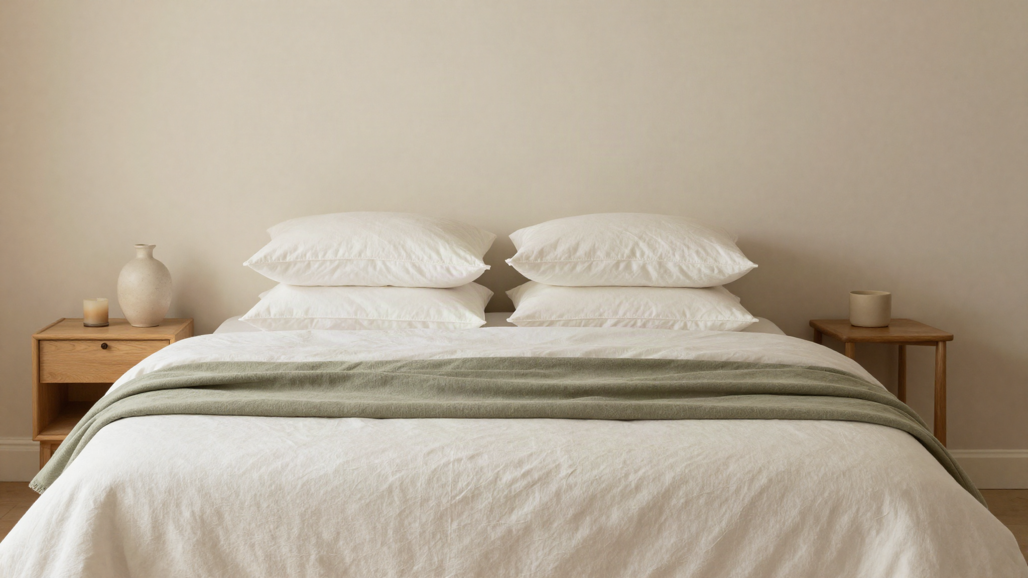 Styled bed in warm white and sand linen with sage throw and oak nightstand